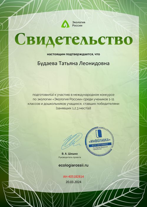 Свидетельство о подготовке победителей от проекта ecologiarossii.ru №405182814